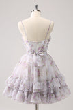 Lilac A-Line Floral Prints Ruffled Tiered Tulle Homecoming Dress