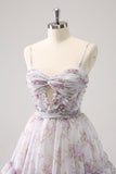 Lilac A-Line Floral Prints Ruffled Tiered Tulle Homecoming Dress