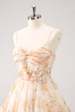 Yellow A-Line Front Twist Short Floral Homecoming Dress With Ruffles