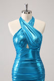 Metallic Tight Halter Backless Satin Blue Homecoming Dress