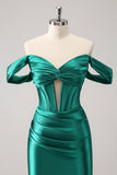 Dark Green Tight Off the Shoulder Corset Satin Homecoming Dress