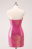 Fuchsia Hollow Out Strapless Sequins Tight Homecoming Dress with Slit