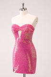 Fuchsia Hollow Out Strapless Sequins Tight Homecoming Dress with Slit