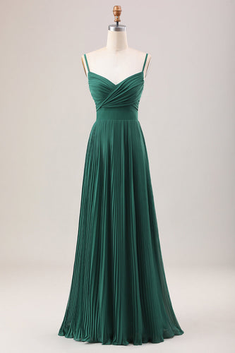 Dark Green A Line Spaghetti Straps Long Chiffon Bridesmaid Dress