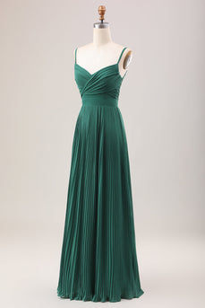 Dark Green A Line Spaghetti Straps Long Chiffon Bridesmaid Dress