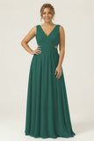 Dusty Blue Chiffon V Neck A Line Long Plus Size Bridesmaid Dress with Lace Up Back