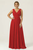 Dusty Blue Chiffon V Neck A Line Long Plus Size Bridesmaid Dress with Lace Up Back