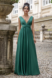 Dark Green A Line V Neck Chiffon Long Bridesmaid Dress with Lace Up Back