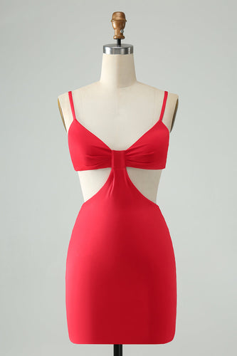 Red Tight Spaghetti Straps Hollow Out Short Homecoming Dress