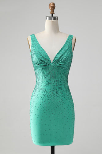 Green Bodycon V Neck Backless Short Homecoming Dress with Beading