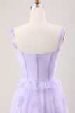 Lavender A Line Corset Spaghetti Straps Floral Tiered Long Bridesmaid Dress