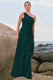 Dark Green A-Line One Shoulder Ruched Long Bridesmaid Dress