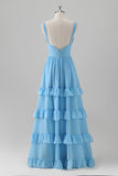 Blue A-Line V Neck Tiered Chiffon Long Bridesmaid Dress