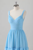 Blue A-Line V Neck Tiered Chiffon Long Bridesmaid Dress