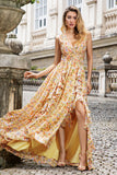 Yellow Small Flower A Line V Neck Pleated Wedding Party Guest Dress with Ruffles