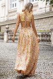 Yellow Small Flower A Line V Neck Pleated Wedding Party Guest Dress with Ruffles