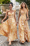 Yellow Flower A Line V Neck Print Pleated Wedding Party Guest Dress with Slit