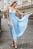 Sky Blue A Line Pleated Chiffon Tea Length Dress with Lace Up Back