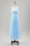 Sky Blue A Line Pleated Chiffon Wedding Guest Dress