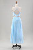 Sky Blue A Line Pleated Chiffon Wedding Guest Dress