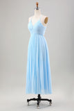 Sky Blue A Line Pleated Chiffon Wedding Guest Dress