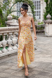 Yellow Flower A Line Print Holloe Out Corset Wedding Guest Dress with Slit