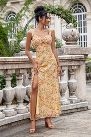 Yellow Flower A Line Print Holloe Out Corset Wedding Guest Dress with Slit