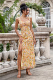 Yellow Flower A Line Print Holloe Out Corset Wedding Guest Dress with Slit