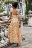 Yellow Flower A Line Print Holloe Out Corset Wedding Guest Dress with Slit