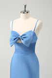 Blue Mermaid Spaghetti Straps Bridesmaid Dress with Bowknot