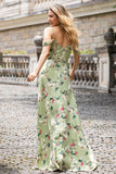 Green Flower A Line Spaghetti Straps Print Long Wedding Party Guest Dress with Slit