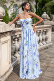 Blue Floral A Line Sweetheart Strapless Print Pleated Long Wedding Guest Dress