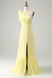 A Line One Shoulder Yellow Long Wedding Guest Dress with Slit