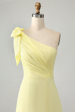 A Line One Shoulder Yellow Long Wedding Guest Dress with Slit