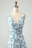 White Blue Flower A Line Ruffled High-Low Wedding Guest Dress