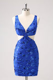 Royal Blue Bodycon Cut Out Homecoming Dress with Beading