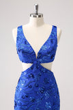 Royal Blue Bodycon Cut Out Homecoming Dress with Beading