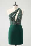 Glitter Dark Green Tight One Shoulder Cut-Out Homecoming Dress