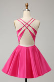 Fuchsia A Line Spaghetti Straps Backless Short Cute Homecoming Dress