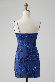 Sparkly Bodycon Royal Blue One Shoulder Sequins Homecoming Dress with Embroidery