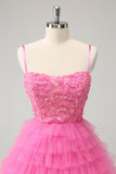 Glitter Pink A Line Spaghetti Straps Tiered Flowers Tulle Cute Homecoming Dress