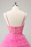 Glitter Pink A Line Spaghetti Straps Tiered Flowers Tulle Cute Homecoming Dress