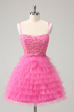 Glitter Pink A Line Spaghetti Straps Tiered Flowers Tulle Cute Homecoming Dress