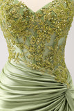 Sparkly Army Green Lace-Up Back Appliques Pleated Homecoming Dress