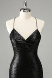 Stylish Glitter Black Sequins Tight Halter Homecoming Dress with Lace Up Back