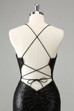 Stylish Glitter Black Sequins Tight Halter Homecoming Dress with Lace Up Back