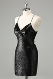 Stylish Glitter Black Sequins Tight Halter Homecoming Dress with Lace Up Back