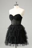 Sparkly A Line Black Sweetheart Tiered Corset Cute Homecoming Dress