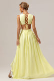 Lemon Yellow A Line Cut Out Lace Up Back Long Bridesmaid Dress with Ruffles