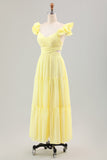 Simple Lemon Yellow A Line Pleated Ruffled Wedding Guest Dress